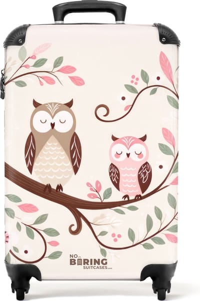NoBoringSuitcases.com® - Kinderkoffer meisje - Kindertrolley meisjes - Twee uilen op een tak met roze en groene bladeren - Handbagage koffer lichtgewicht - Reiskoffer trolley kinderen - Rolkoffer met wieltjes - Past binnen 55x40x20 en 55x35x25
