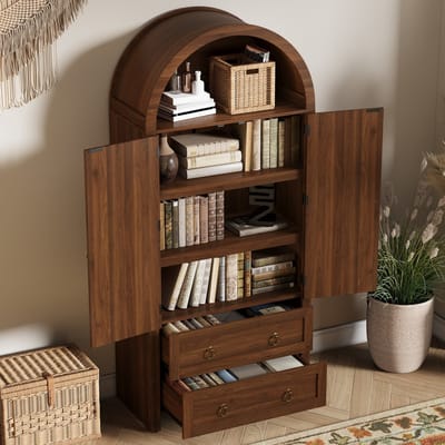 Boogvormige rieten kast met twee laden - retro stijl kast voor woonkamer en slaapkamer - opbergkast - walnootkleur