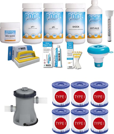WAYS - Zwembad Onderhoud - Pakket Small Deluxe & Filterpomp 1249 L/h & 6 Filters Type I