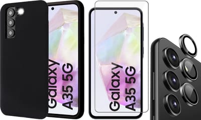 Hoesje geschikt voor Samsung Galaxy A35 - Screenprotector Glas & Camera Protector - Mat Back Case Zwart