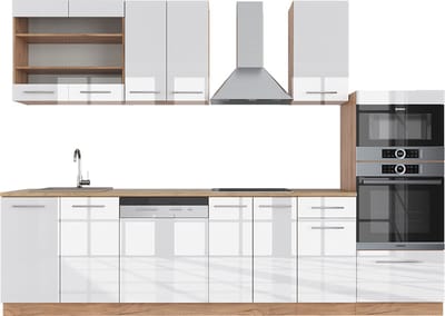 Vicco Fame-Line Complete keukeneenheid – 300 cm met hoge kast, zonder werkblad Wit hoogglans/goud power eiken