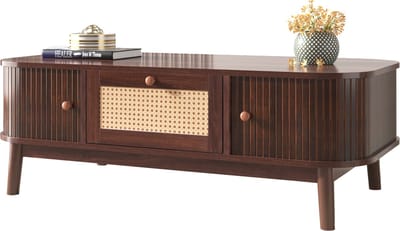 Salontafel - Rieten Koffietafel - Laden met Riet en Schuifdeuren van Massief Hout - Massief Houten Poten - Natuurlijke Landhuisstijl - Hout - Beige