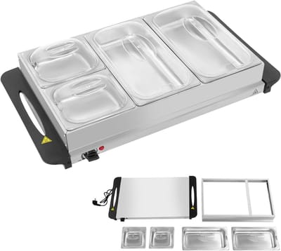 Buffet Voedselverwarmer - Warmhoudplaat - Gerechten Warm Houden - Efficiënte Temperatuurregeling - 4 Dienbladen - Zilver