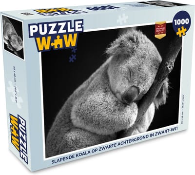 Puzzel Slapende koala op zwarte achtergrond in zwart-wit - Legpuzzel - Puzzel 1000 stukjes volwassenen