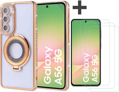 Hoesje met Ringhouder Geschikt voor Samsung Galaxy A56 met Diamant Glitters en 3 Stuks Gehard Glas Screenprotector – Arara Backcover - Goud