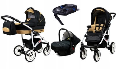 BabyLux® Kinderwagen 4in1 – LARGO - BLACK COFFE WHITE FRAME - Opklapbare Wandelwagen incl. Reiswieg, Multifunctionele Buggy Sportstoel, Autostoel, ISOFIX basisstation - Combi-kinderwagen met Luiertas, Regenhoes, Klamboe