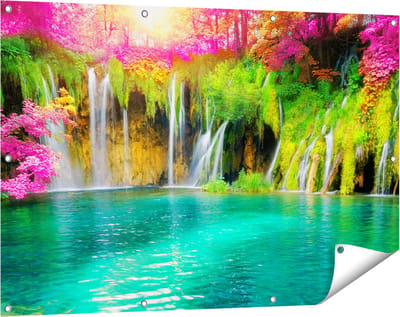 Gards Tuinposter Waterval met Roze en Groene Bloemen - 120x80 cm - Tuindoek - Tuindecoratie - Wanddecoratie buiten - Tuinschilderij