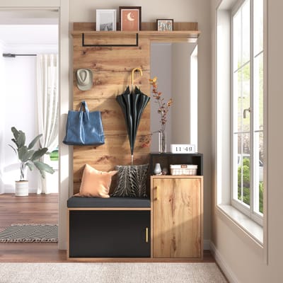 Halkasten - 180x40x30 cm - Garderobenset Met 4 Haken, Spiegel, Wandgarderobe, Bovenplank, Zitbank - Hout - Natuurlijk