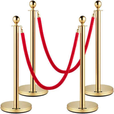 Velmio Afzetpalen - Afzetpaal Met Koord - Set van 4 Palen en 2 Touwen - Afzetpalen Goud Met Rood Koord - Luxe VIP Afzetpaal - Rode Loper Palen Set - 1,5 m