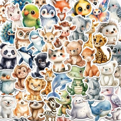 Multikleur stickers set dieren 50 stuks – cartoon sticker set met watercolor dieren illustraties – pvc stickers voor kinderen en volwassenen – decoratieve plak stickers
