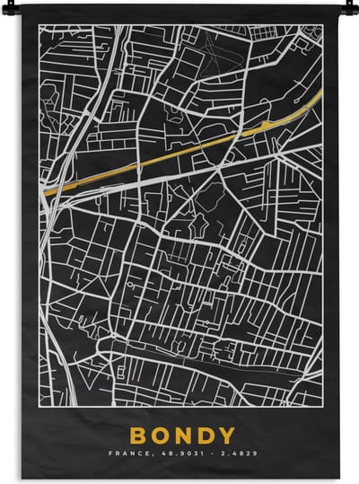 Wandkleed - Wanddoek - Kaart - Stadskaart - Plattegrond - Bondy - Frankrijk - 120x180 cm - Wandtapijt