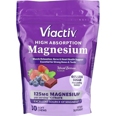 Viactiv, magnesium met hoge opname, gemengde bessen, 125 mg, 30 zachte kauwsnoepjes
