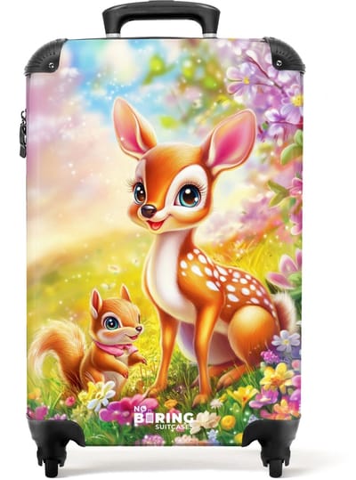 NoBoringSuitcases.com® - Kinderkoffer meisje - Kindertrolley meisjes - Hertje en eekhoorn in kleurrijk bloemenveld - Handbagage koffer lichtgewicht - Reiskoffer trolley kinderen - Rolkoffer met wieltjes - Past binnen 55x40x20 en 55x35x25