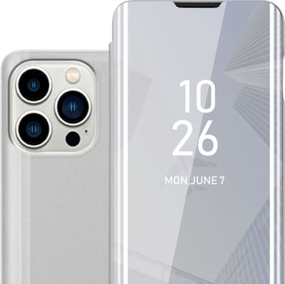 Cadorabo Hoesje geschikt voor Apple iPhone 14 PRO MAX in AGAAT ZILVER - Clear View Spiegel Beschermende Case met Tribunefunctie 360 Graden Bescherming Book Case Cover Etui