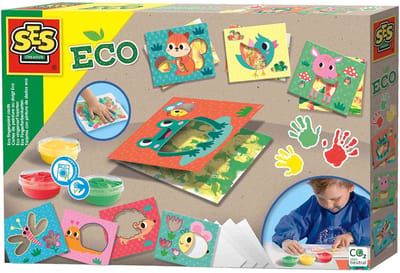 SES Creative - Eco Vingerverf kaarten - 3 kleuren verf met voorbedrukte kaarten - Inclusief papier - Goed uitwasbaar