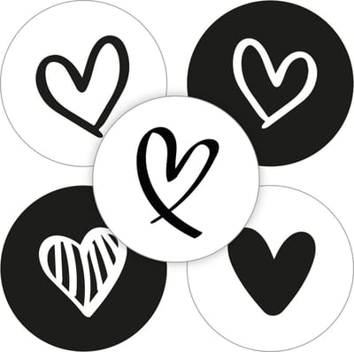 Sluitsticker - Sluitzegel - Hart - Hartjes - Harten - Zwart - Wit - 5 assorti | Trouwkaart - Geboortekaart - Envelop | Hartjes - Hart | Envelop stickers | Cadeau - Gift - Cadeauzakje - Traktatie - Leuk verpakt | Huwelijk – Babyshower | DH Collection