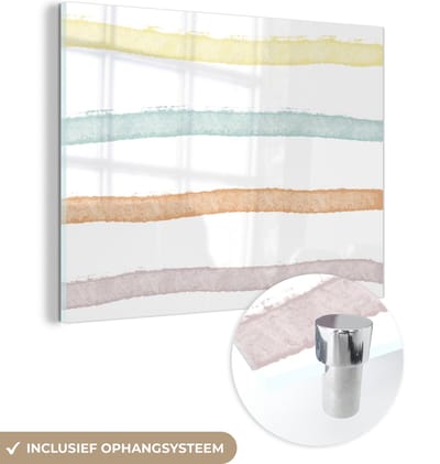 MuchoWow® Glasschilderij 120x90 cm - Schilderij acrylglas - Lijn - Pastel - Regenboog - Patronen - Foto op glas - Schilderijen