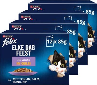 Felix Elke Dag Feest in Gelei Mix Selectie - Kattenvoer Natvoer - Tonijn Zalm Rund & Kip - 48 x 85 g