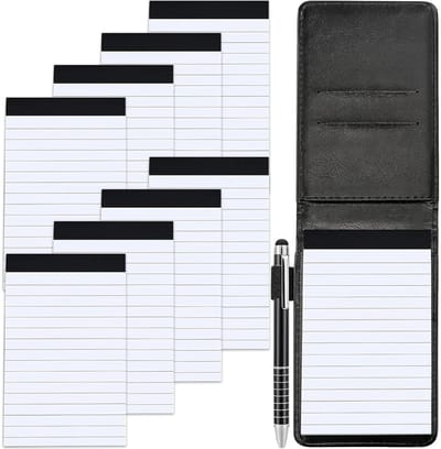Mini Pocket Notebook A7 Notepad Houder met 50 Vellen en 8 Stuks Lijnpapier, Klein PU Leer Notitieboekje met Pen voor Snelle Notities en Takenlijsten, Zwart