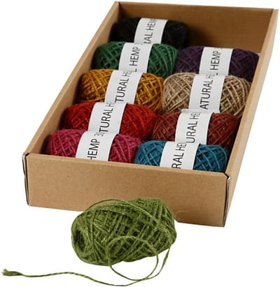 Natuurlijk hennep, dikte 1-2 mm, 10x30 m, diverse kleuren