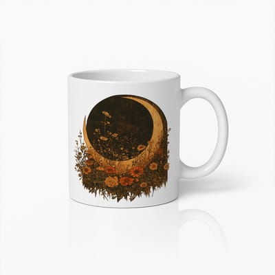 Elegante Halve Maan en Bloemen Kunst Mok – Unieke Natuur Geïnspireerde Koffiebeker