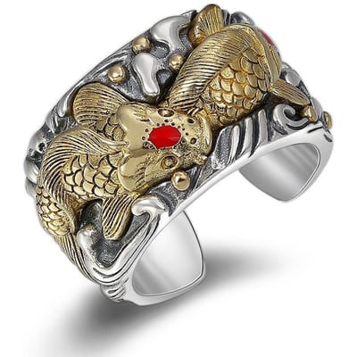 S925 Sterling Zilveren Retro Geluksvis Ring Voor Mannen Thaise Zilveren Dubbele Vis Etnische Stijl Traditionele Wilde Open Ring Sieraden beige