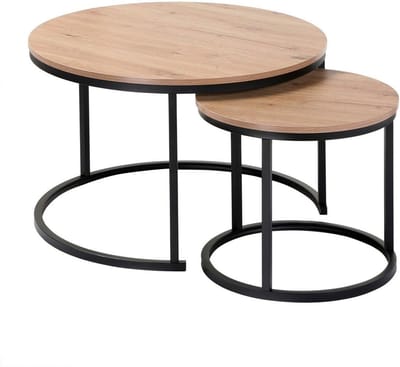 Ronde Uitschuiftafels - Houten Decor met Metalen Poten - Modulair en Ruimtebesparend - Industrieel Design - Set van 2 Tafels