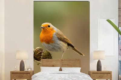 Behang - Fotobehang Vogel - Roodborstje - Dennenappel - Tak - Herfst - Breedte 160 cm x hoogte 240 cm