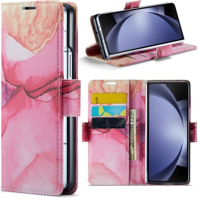 Casemania Hoesje Geschikt voor Samsung Galaxy Z Fold 5 - Pink Rhodonite - Marmer Portemonnee Book Case