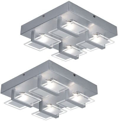 Set van 2 plafondlampen Plafondlamp Woonkamerlamp Slaapkamerlamp, 4 vlammen, helder gesatineerd glas, 4x LED 5W 332 Lm 3200K, LxBxH 26x26x7.8cm