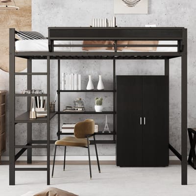 Hogeslaapbed - Metaal En MDF - Zwart - 140x200 Cm - Met Bureau, Kledingkast En Ladder