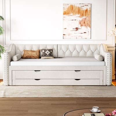 90x200cm gestofferd bed met LED-verlichting - uittrekbed en drie laden - slaapbank - beige