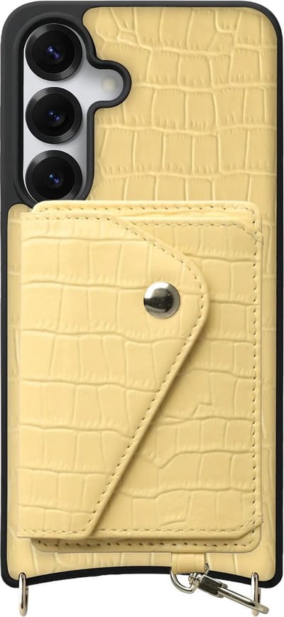 AVY Leren Hoesje Geschikt voor Samsung Galaxy S25 / S24 | Met Magnetische Kaarthouder | Compatibel met MagSafe | Leather Case met Wallet | Croco Geel