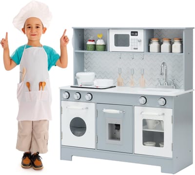 COSTWAY Kinderkeuken met speelaccessoires, licht en geluid, houten speelkeuken met magnetron en watertank, speelgoedkeuken voor kinderen vanaf 3 jaar, grijs, 76 x 28 x 80 cm