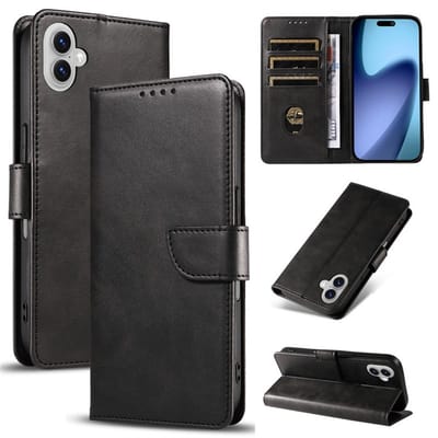 Bookcase Hoesje Geschikt voor iphone 17 – Luxe PU Kalfsleer Telefoonhoes – Portemonnee Hoesje met Kaartvakken, Contant Geldvak, Magneetsluiting & Standaardfunctie - Zwart