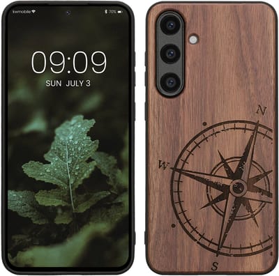 kwmobile telefoonhoesje geschikt voorSamsung Galaxy S24 FE - Hoesje met bumper - hout - In donkerbruin Vintage Kompas design