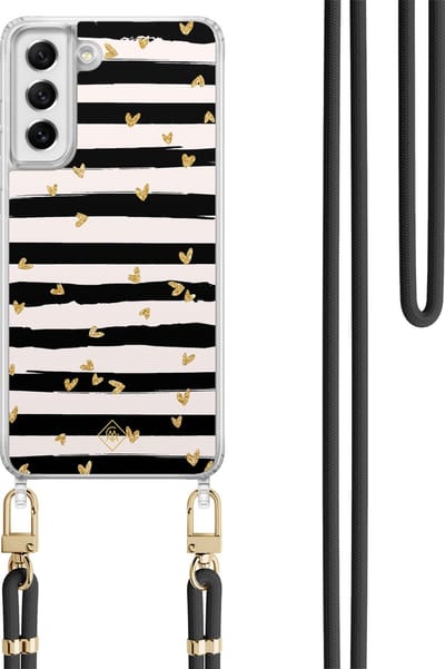 Casimoda® hoesje met koord - Geschikt voor Samsung S21 FE - Hart Streepjes - Afneembaar koord - TPU/polycarbonaat - Zwart