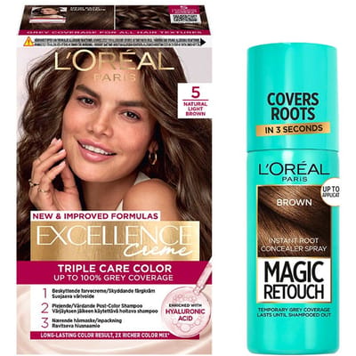 L'Or&eacute;al Paris Excellence Creme Hair Color 5 Natural Light Brown &amp; Magic Retouch Brown Instant Root Concealer Spray 1 pcs + 75 ml