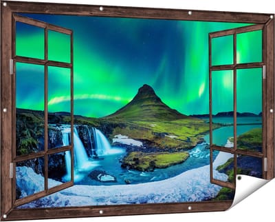 Gards Tuinposter Doorkijk Noorderlicht bij de Watervallen in IJsland - 150x100 cm - Tuindoek - Tuindecoratie - Wanddecoratie buiten - Tuinschilderij