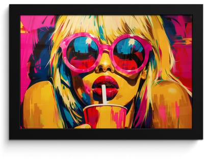 Poster in lijst - Fotolijst 30x20 cm - Posters - Zonnebril - Roze - Vrouw - Rietje - Posterlijst zwart - Decoratie - Wanddecoratie woonkamer - Muurdecoratie slaapkamer