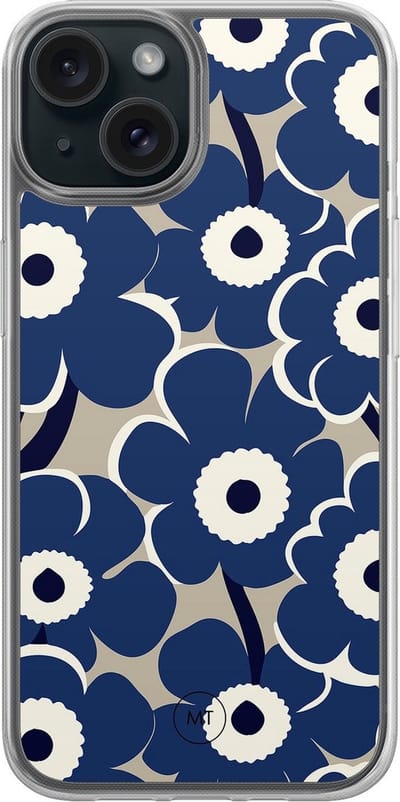 Hybride hoesje geschikt voor iPhone 13 - Abstract bloom - Extra bescherming - Luxe beschermhoes - TPU case - Transparant, Blauw - Mooie Telefoonhoesjes