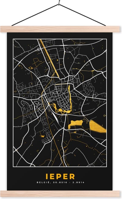 Posterhanger incl. Poster 40x60 cm - Schoolplaat - Ieper - Plattegrond - Kaart - Stadskaart - Goud - Textielposter - Blanke latten - Stadskaart