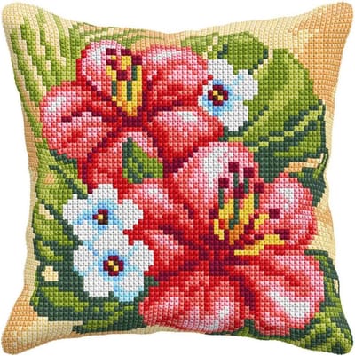 Kruissteek Kussen Kit - Borduurpakket - Handwerk Hobby - Bedrukt Canvas - 40x40 cm - Hibiscus