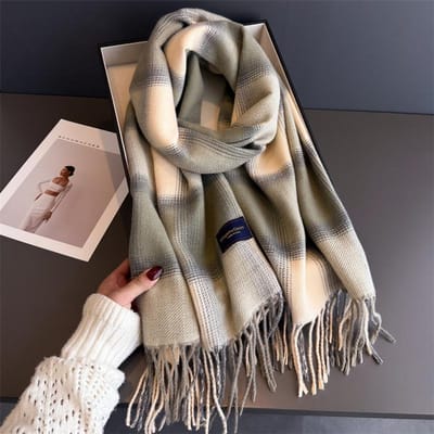 Luxe Kasjmier Dames Geruite Sjaal Winter Warme Sjaal En Wikkel Bandana Pashmina Lange Kwastjes Vrouwelijke Foulard Dikke Deken 66x200cm gray