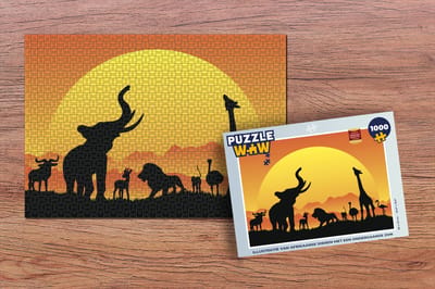 Puzzel Illustratie van Afrikaanse dieren met een ondergaande zon - Legpuzzel - Puzzel 1000 stukjes volwassenen