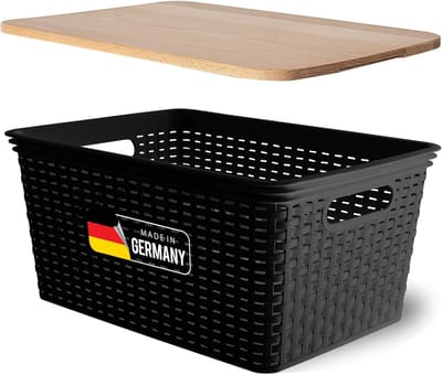 Novaliv opbergdoos met houten deksel, grote mand 14L, zwart in rotandesign, voedselveilige opbergmand, stapelbare doos, nestbare kunststof, BPA-vrije doos, stofbox met deksel