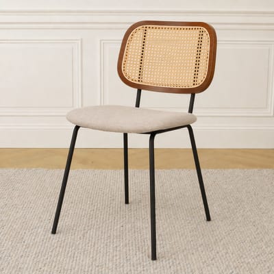 Nolon Jolie Eetkamerstoel Beige - met Rotan Rugleuning - Zwart Metalen Poten - Retro