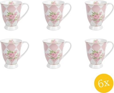 Clayre & Eef Mok set van 6 stuks 300 ml Roze Wit Porselein Rozen Drinkbeker