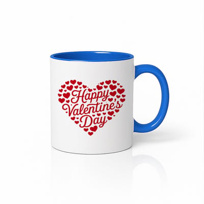 Happy Valentine’s Day Hartjes Mok 330ml – Witte Keramische Koffiemok met Blauwe Oor & Rode Hartjes Design – Romantisch Valentijn Cadeau voor Hem of Haar