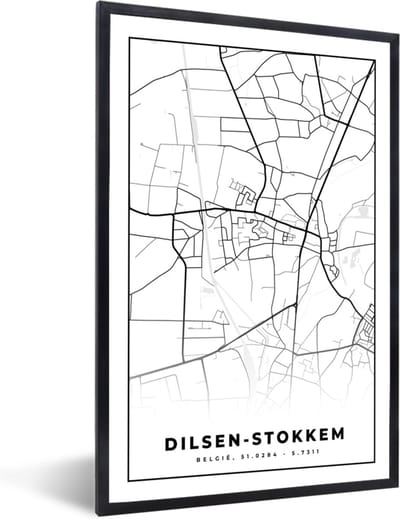 Fotolijst incl. Poster Zwart Wit- Plattegrond – Dilsen Stokkem – Zwart Wit – Stadskaart - Kaart - België - 40x60 cm - Posterlijst